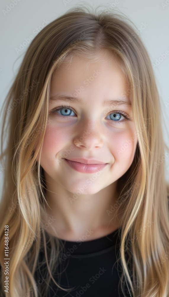 A charming young girl with long, flowing blonde hair and striking blue eyes smiles warmly at the camera, exuding innocence and joy. Her natural beauty shines against a soft, neutral background A charming young girl with long, flowing blonde hair and striking blue eyes smiles warmly at the camera, exuding innocence and joy. Her natural beauty shines against a soft, neutral background