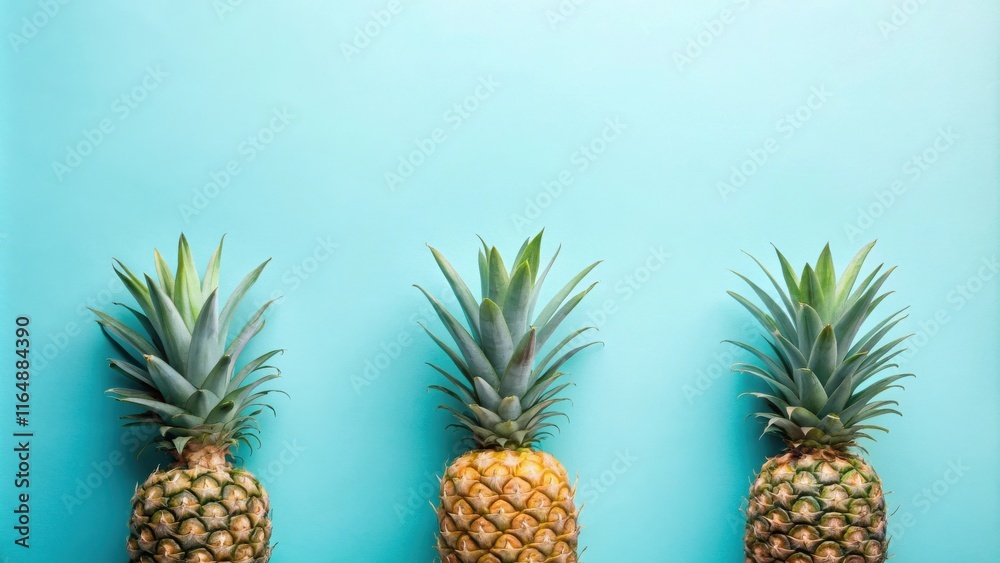 Three ripe pineapples arranged in a row against a vibrant aqua background, creating a refreshing summer image. Three ripe pineapples arranged in a row against a vibrant aqua background, creating a refreshing summer image.