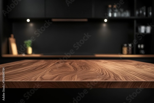 Dark wood kitchen counter, blurred background. photo