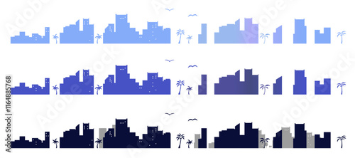 シンプルな海辺の街並みのシルエットイラストのセット　背景イラスト