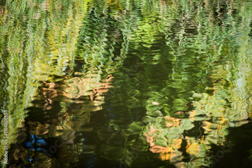 Abstract reflection of trees and greenery in rippling water, creating a textured, artistic pattern. Ideal for art projects, website backgrounds, or branding for eco-focused businesses. photo