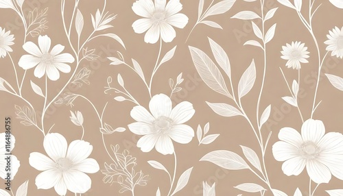 Wallpaper Mural Elegant White Flowers and Leaves on Taupe Background Torontodigital.ca