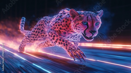 A cheetah runs at high speed, glowing neon light trails behind it. photo