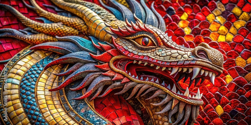 Macro view of a fiery red dragon mosaic, its silver scales gleaming in detailed fantasy art. Macro view of a fiery red dragon mosaic, its silver scales gleaming in detailed fantasy art.