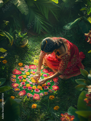 Girl making a rangoli with flowers on grass in jungle soft tones, realistic, global luminance, ultra zoom out shot, advertising photo