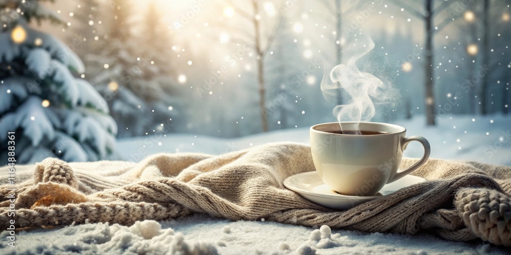 Warm Winter Beverage on Snowy Surface with Knitted Sweater Warm Winter Beverage on Snowy Surface with Knitted Sweater