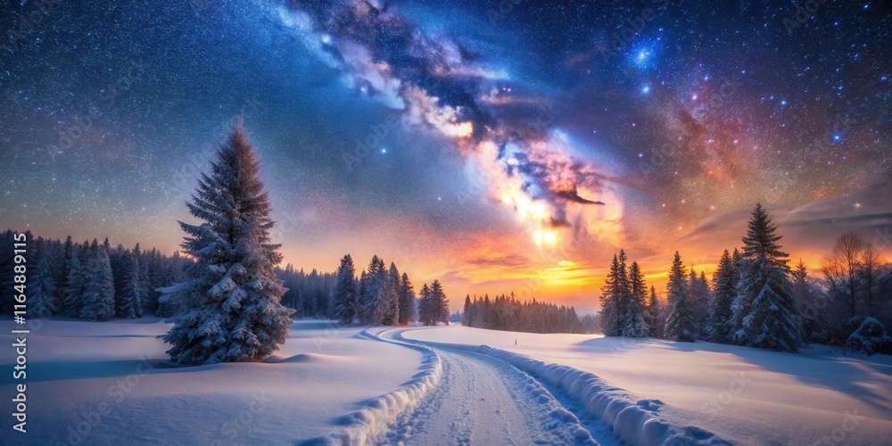 Winter wonderland path under a vibrant, starlit sky with a majestic Milky Way galaxy visible above a snow-covered evergreen forest. Winter wonderland path under a vibrant, starlit sky with a majestic Milky Way galaxy visible above a snow-covered evergreen forest.
