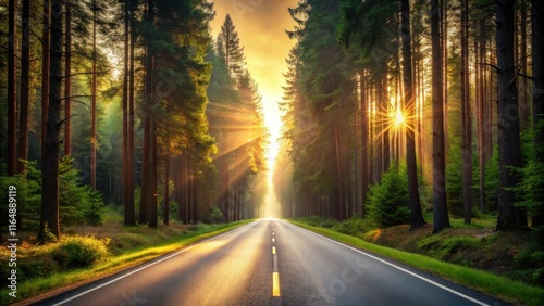 Sunlit Road Through a Misty Forest at Sunrise