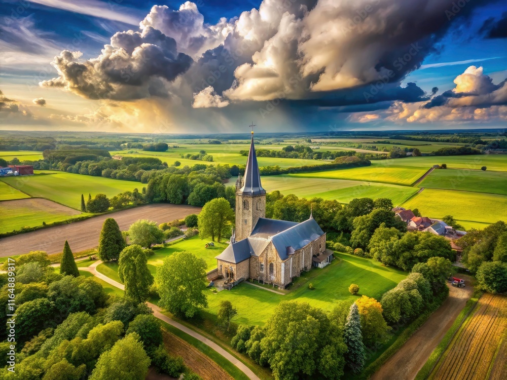 Fototapeta premium Tranquil Dutch landscape: Wanswert Church's aerial view, cloudy skies, peaceful scene.