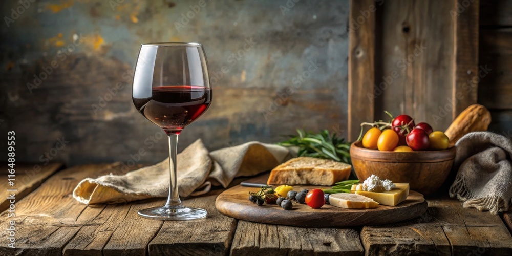 Rustic Still Life Featuring a Glass of Red Wine, Artisan Cheese, Crusty Bread, and Colorful Cherry Tomatoes on a Weathered Wooden Table Rustic Still Life Featuring a Glass of Red Wine, Artisan Cheese, Crusty Bread, and Colorful Cherry Tomatoes on a Weathered Wooden Table
