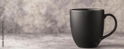 Minimal coffee concept. A sleek black mug on a textured surface, perfect for coffee or tea enthusiasts.