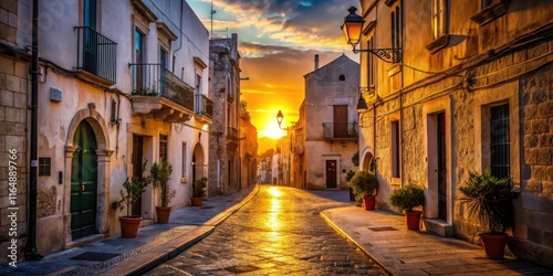 Fototapeta Naklejka Na Ścianę i Meble -  Vintage Monopoli: Apulian shadows lengthen across the downtown streets at sunset.