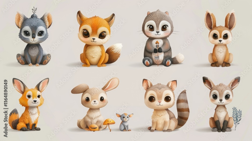 Obraz premium A collection of cute, cartoon-style woodland animals, including a fox, rabbit, and raccoon.
