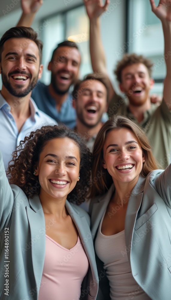 Obraz premium A diverse group of six young adults, both men and women, are joyfully celebrating together, their faces radiating happiness and excitement. The atmosphere is vibrant and energetic, showcasing a moment