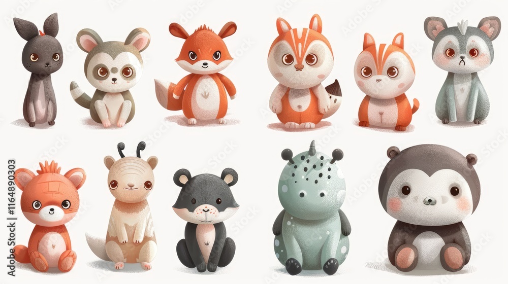 Obraz premium A collection of cute, stylized animal characters in various poses and colors.