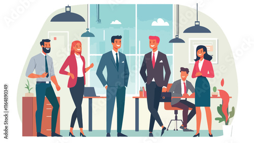 several office employees were standing around chatting cheerfully 