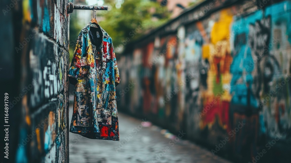 Fototapeta premium Colorful Painted Shirt Hangs In Graffiti Alleyway