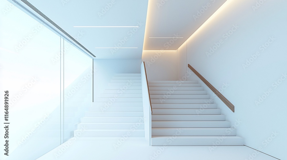 Modern minimalist white staircase with glass wall and subtle lighting. Modern minimalist white staircase with glass wall and subtle lighting.