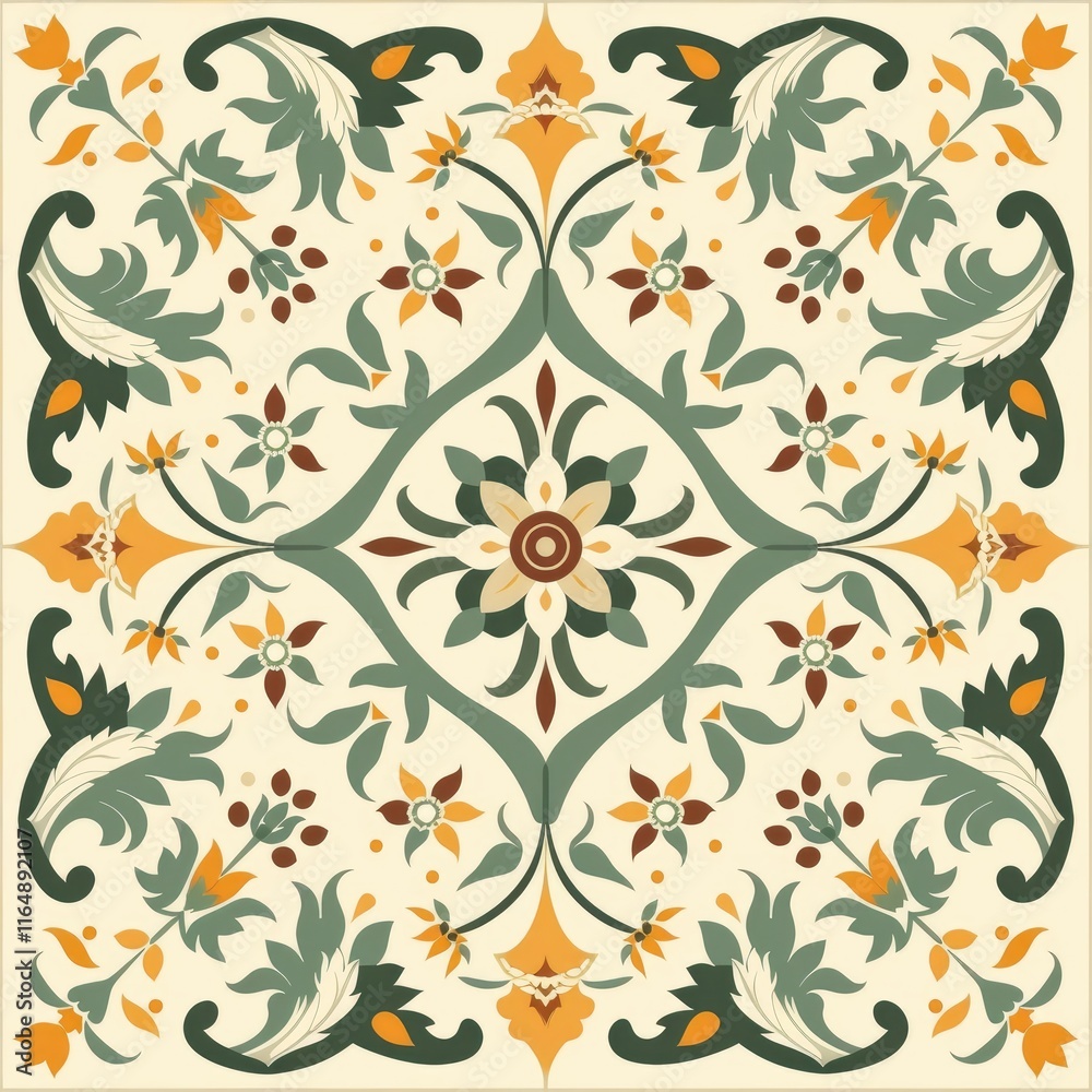 A decorative floral tile pattern featuring intricate designs in earthy tones. A decorative floral tile pattern featuring intricate designs in earthy tones.