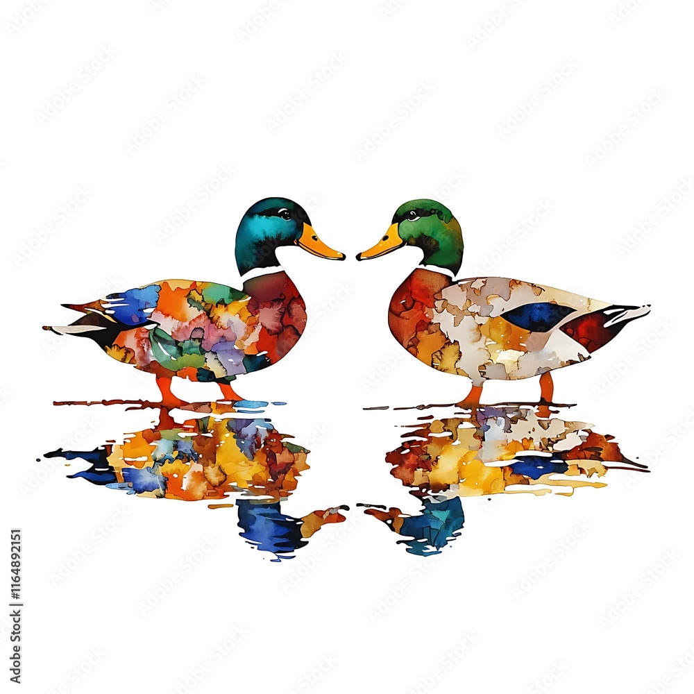 Obraz premium A Colorful Watercolor Painting of Two Mallard Ducks Facing Each Other, Reflected in a Vibrant Water Surface.