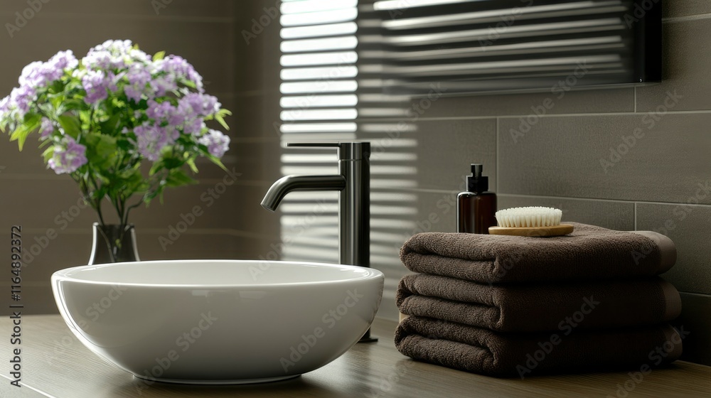 Fototapeta premium Modern Bathroom Sink With Towels And Flowers