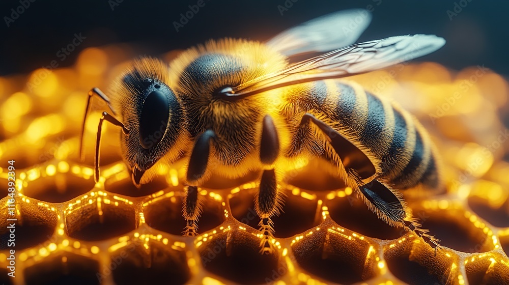 Close-up of a honeybee on a honeycomb. Close-up of a honeybee on a honeycomb.