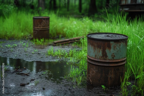 Rusty metal barrels surrounded by tall greenery and puddles in a moody forest environment, showcasing the contrast of decay and nature's resilience in an overgrown area. photo