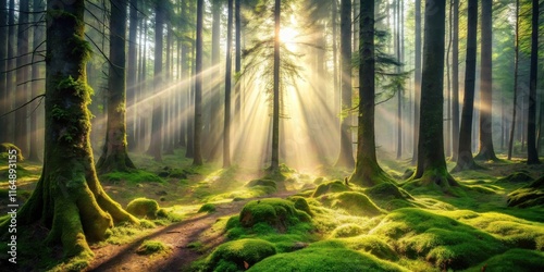 Sunbeams filtering through a misty, moss-covered forest, illuminating a tranquil path