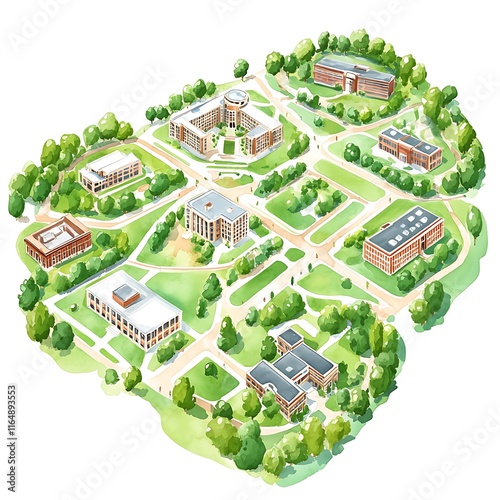 Watercolor illustration of a university campus map showing multiple buildings, green spaces, and pathways.