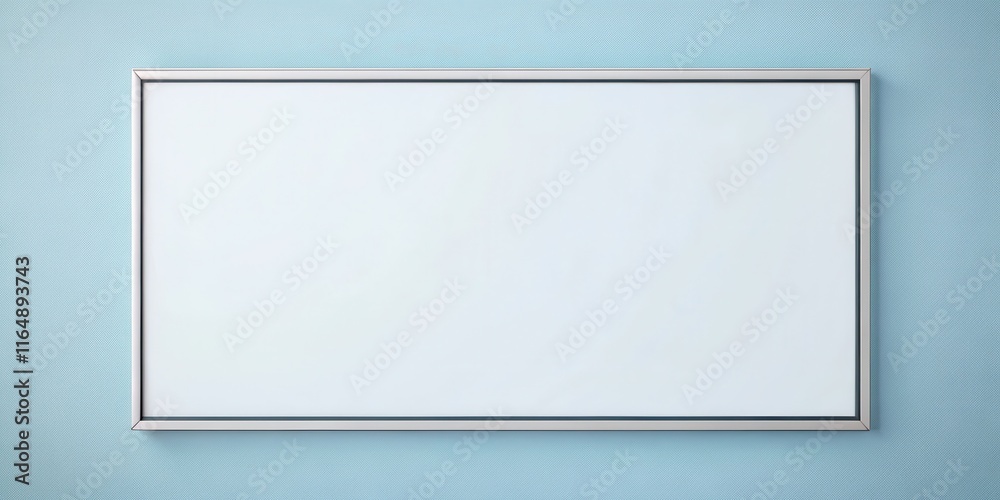 Obraz premium Blank white rectangular frame on a pale blue wall ideal for showcasing artwork or design