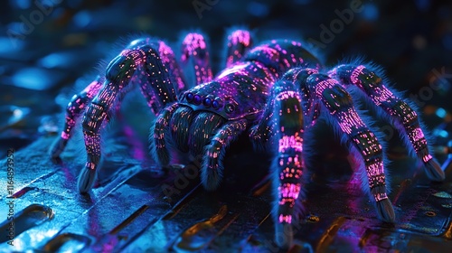 Cybernetic tarantula spider glows vibrantly in dark setting. photo