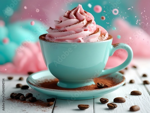 Indulge in a perfect blend of flavor and artistry with this creamy pink whipped coffee topping served in a teal cup, surrounded by coffee beans and cocoa powder, creating a dreamy cafe-style experienc photo