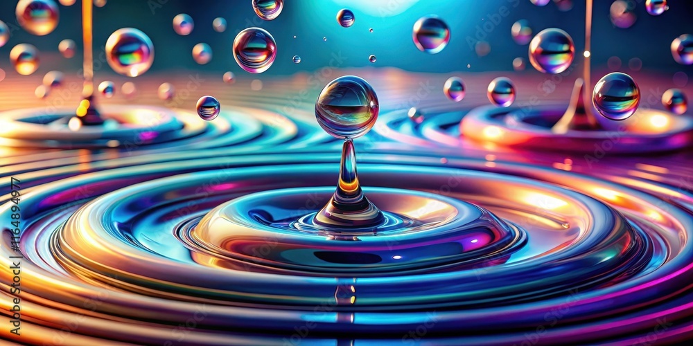 Vibrant iridescent liquid drop impacting a reflective surface, creating concentric rings of color and light Vibrant iridescent liquid drop impacting a reflective surface, creating concentric rings of color and light