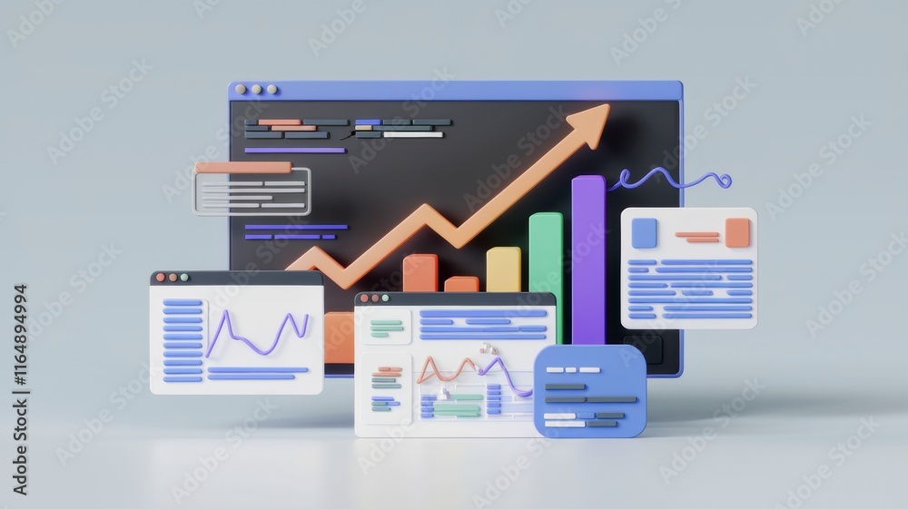 Fototapeta premium 3D illustration of a data analytics dashboard showing upward trending graphs,