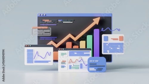 3D illustration of a data analytics dashboard showing upward trending graphs,