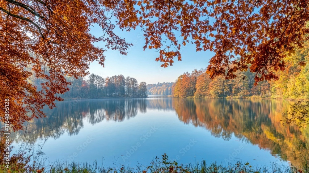 Obraz premium Autumnal lake reflection framed by colorful trees