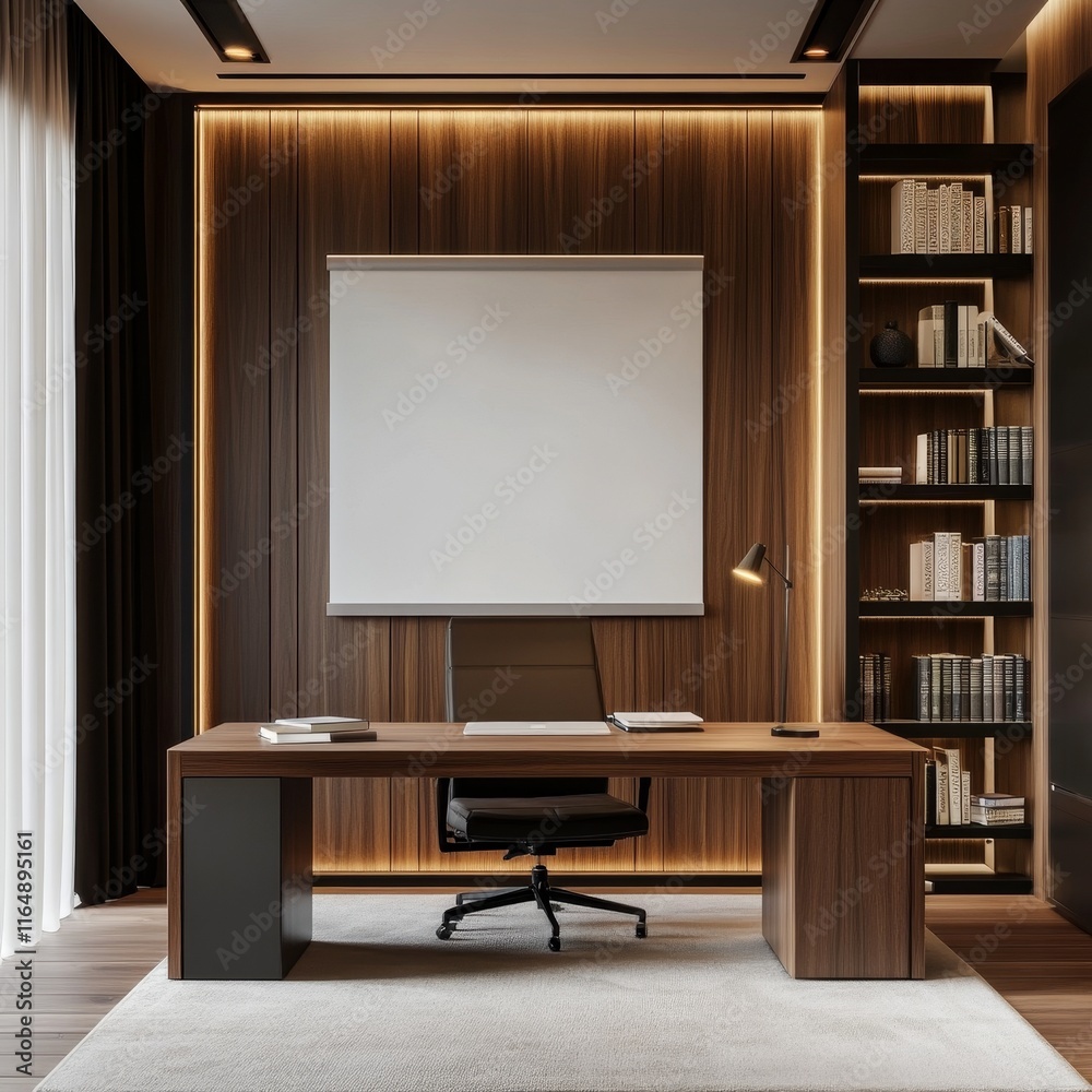 Modern home office with wood wall, desk, chair, and bookcase. Modern home office with wood wall, desk, chair, and bookcase.