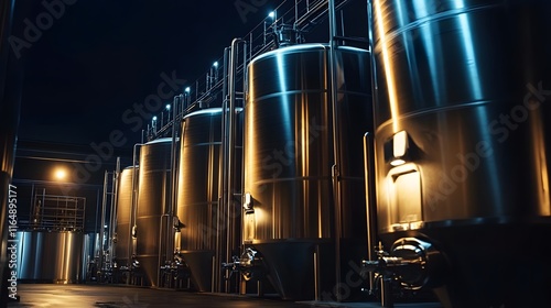 A row of large metal tanks are lit up in the dark. The tanks are lined up in a row, with some of them being taller than others. The tanks are all made of metal