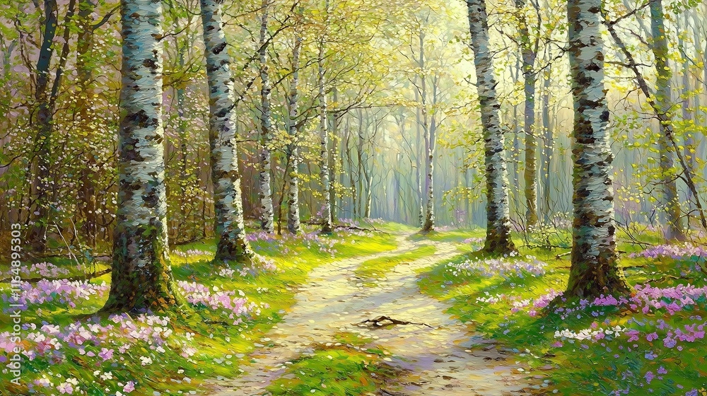 Fototapeta premium Lush forest path lined with blooming flowers and vibrant trees in soft sunlight.