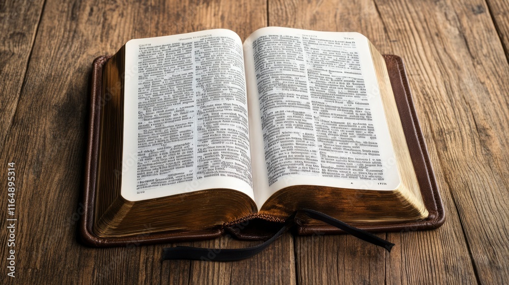 Fototapeta premium Open Antique Bible on Wooden Tabletop