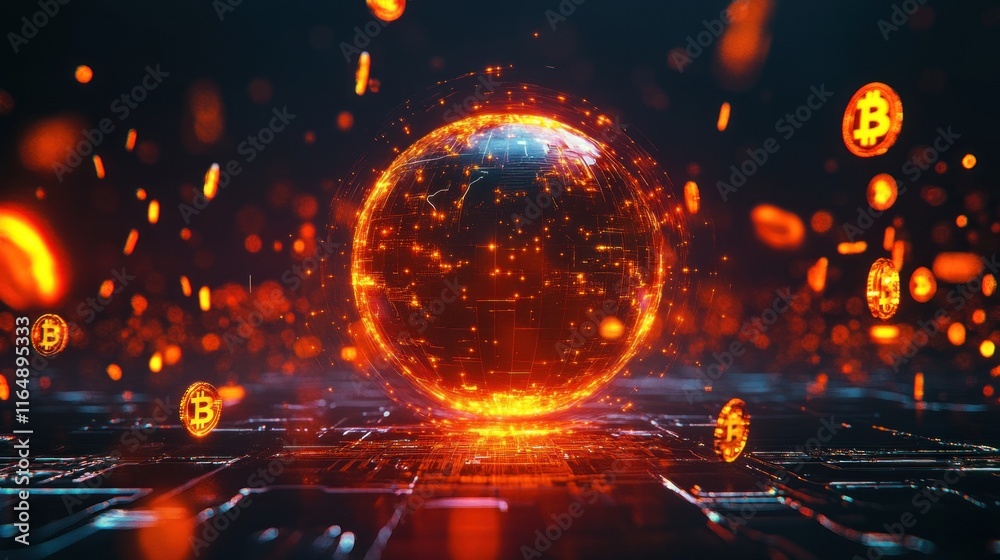 Obraz premium Glowing Earth globe with cryptocurrency symbols orbiting.