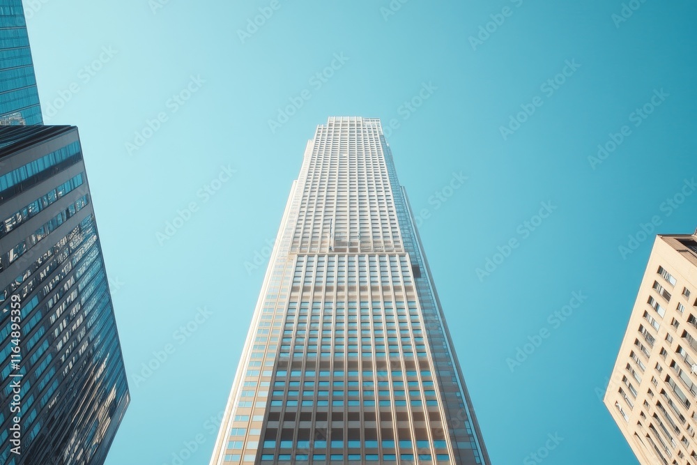Low-angle view of a modern skyscraper against a clear blue sky. Low-angle view of a modern skyscraper against a clear blue sky.