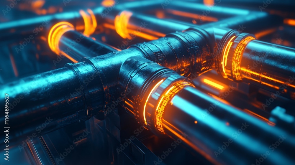 Advanced industrial pipeline network transporting liquid energy through glowing transparent tubes Advanced industrial pipeline network transporting liquid energy through glowing transparent tubes
