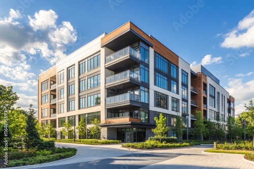 Modern apartment building with landscaped grounds.