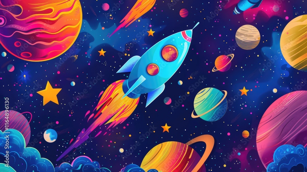 A colorful rocket soaring through a vibrant space scene filled with planets and stars. A colorful rocket soaring through a vibrant space scene filled with planets and stars.