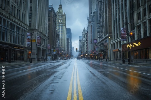 Empty rain-slicked city street at dawn, tall buildings flanking the road, showing a perspective of depth and solitude.