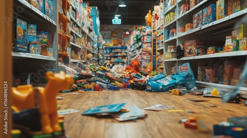 Wallpaper Mural A messy toy store aisle with toys fallen off the shelves and packaging scattered  Torontodigital.ca