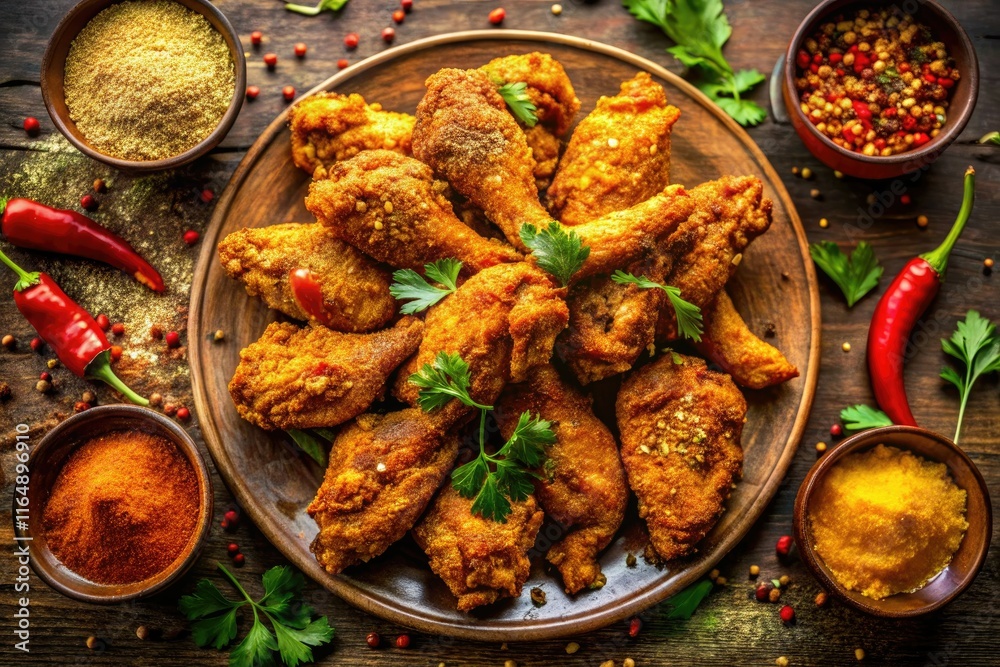 Fototapeta premium Golden-brown, crispy spicy wings, aerial view. A delicious recipe revealed.
