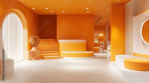 A spacious area with a vibrant orange backdrop, perfect for energizing a product display with striking color