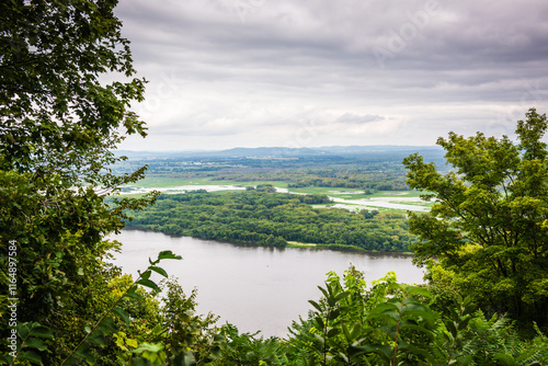 Scenic overlook from the Great River Bluffs State Park in Minnesota preserves steep-sided bluffs between Minnesota and Wisconsin.